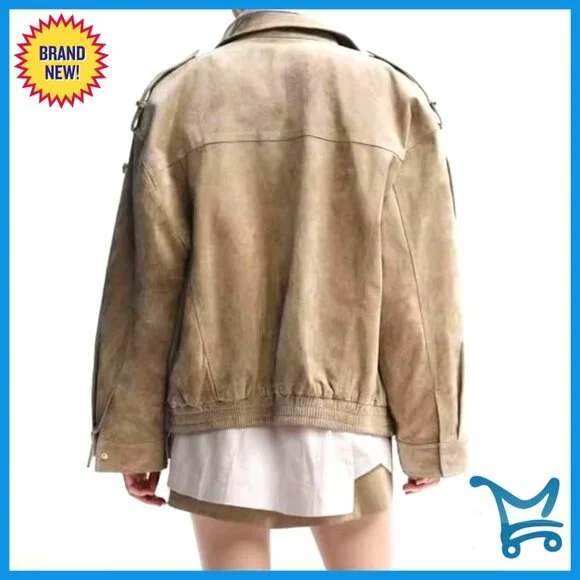 Vintage Faux Suede Leather Jacket Oversized Bomber with Pockets - Picture 3 of 7